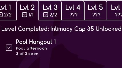 The relationship level panel: completing a level unlocks a higher intimacy cap for that character