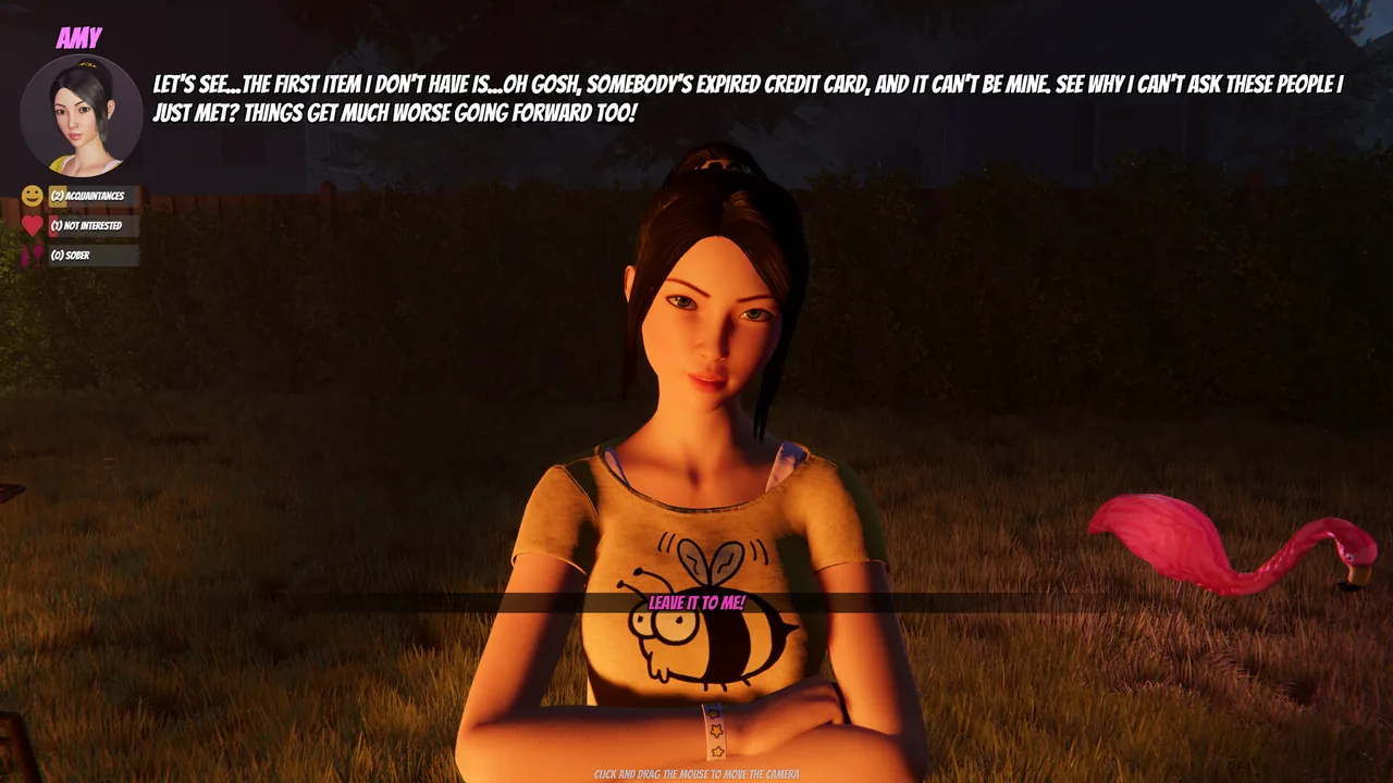 A dialogue with Amy: her lines along the top and the relationship panel on the left