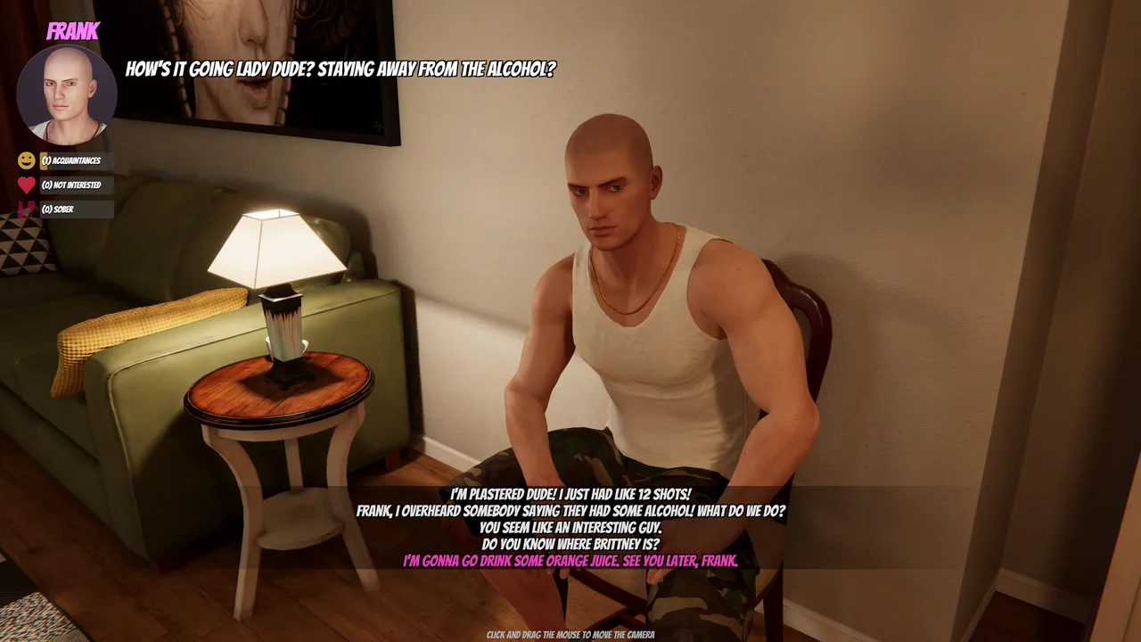 Frank, one of the guests, in a voiced dialogue scene in the living room