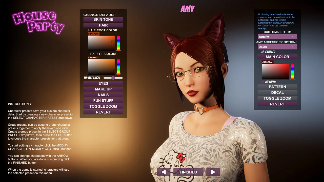 The character customizer, with colour and make-up panels next to Amy in a cat-ear headband