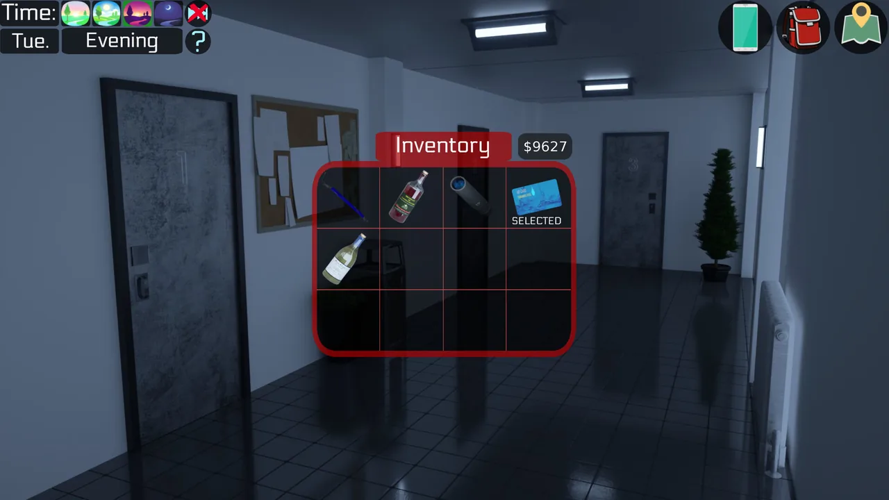 The inventory screen, with the day and time of day, phone, bag and map icons along the top