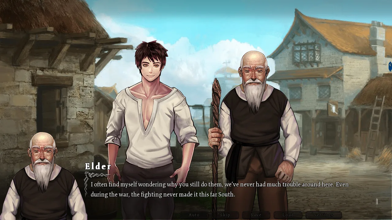 An early story scene: Rowan talks with a village elder about his past