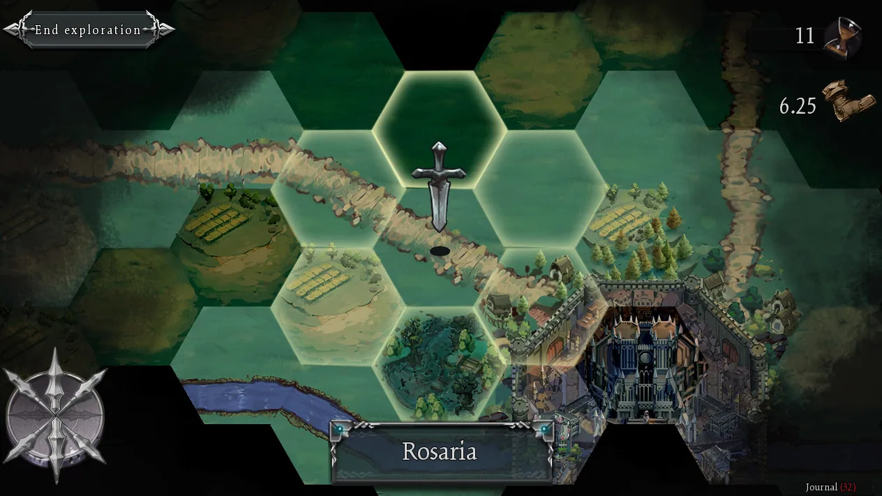 The hex-based exploration map near Rosaria, with time and movement counters in the corner